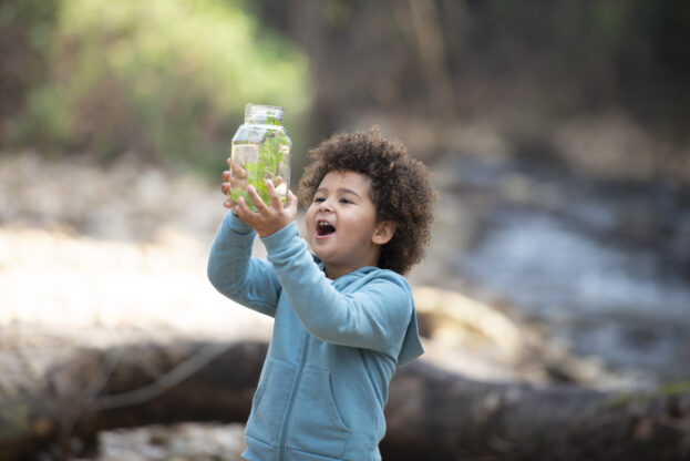 Excited 5 years learner standing in the forest, holding the jar with a plant and insect inside, lifting the jar up looking inside. The child looks content.