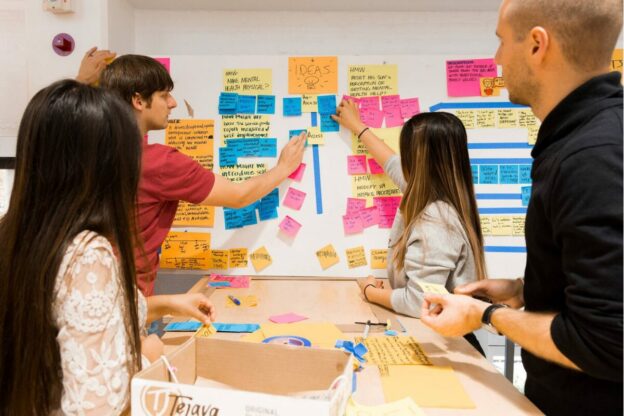 learners in front of a brainstorming post-it note wall