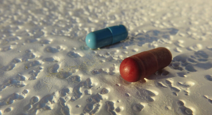 close up of a red and blue pills