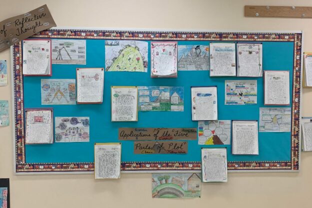 photo of a wall featuring learners handdrawn and handwritten stories