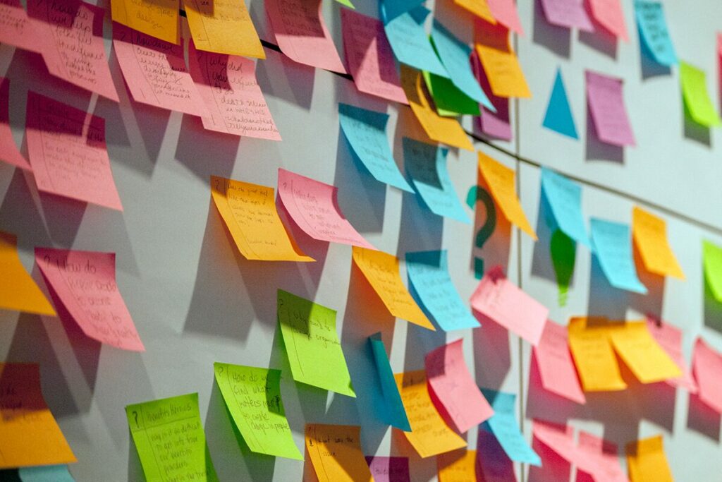 close up photo of post-its on a wall