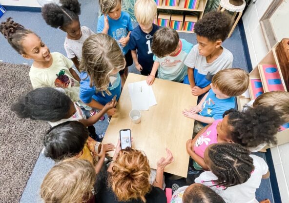 aerial shot of young learners around a table