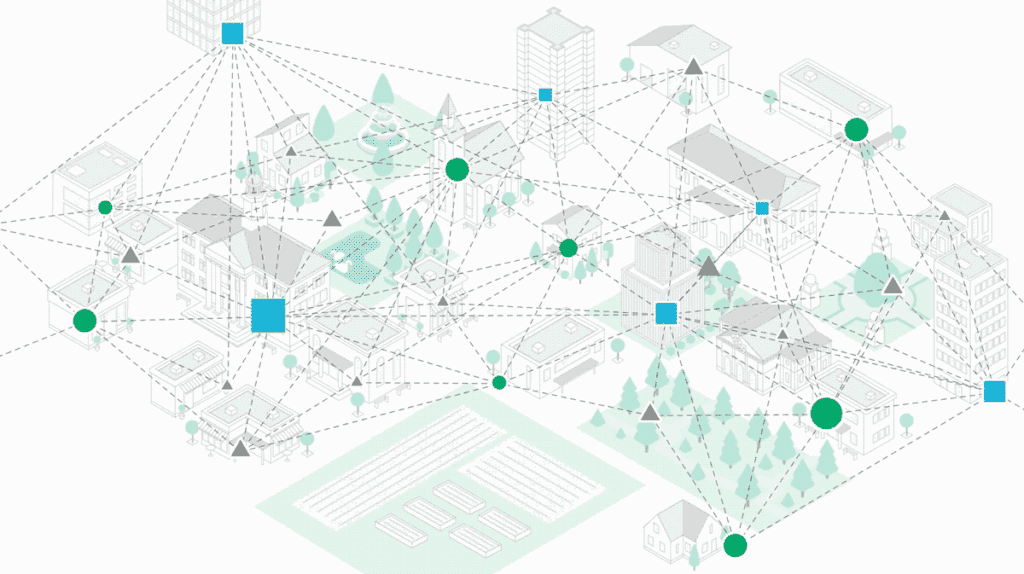 network graphic over a graphic of a city