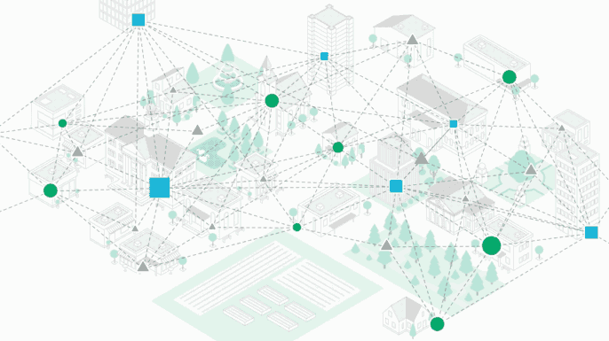 network graphic over a graphic of a city