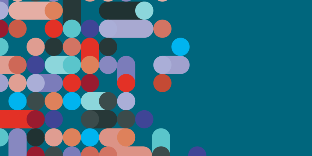 Colorful and overlapping dots on a teal background