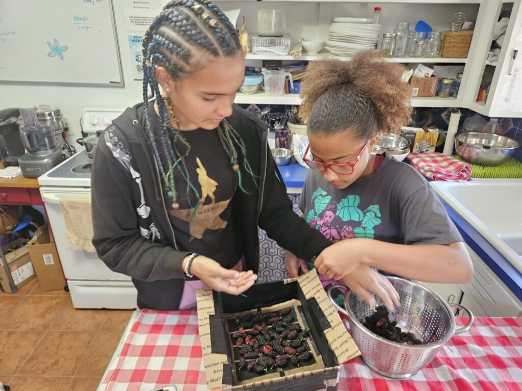 Two young learners explore culinary arts in the Verdi EcoSchool kitchen.